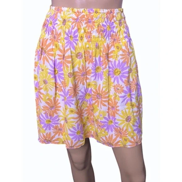 L*SPACE Elastic Waist XL Summer Mini Skirt Floral Purple, Yellow Daisy Print NWT - Picture 2 of 11